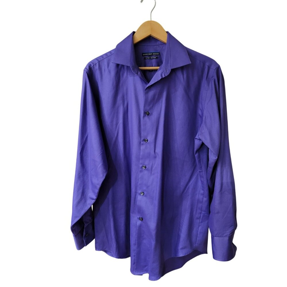 Geoffrey Beene Mens Fitted No Iron Dress Shirt 15.5 32/33 Purple Button-Up Long